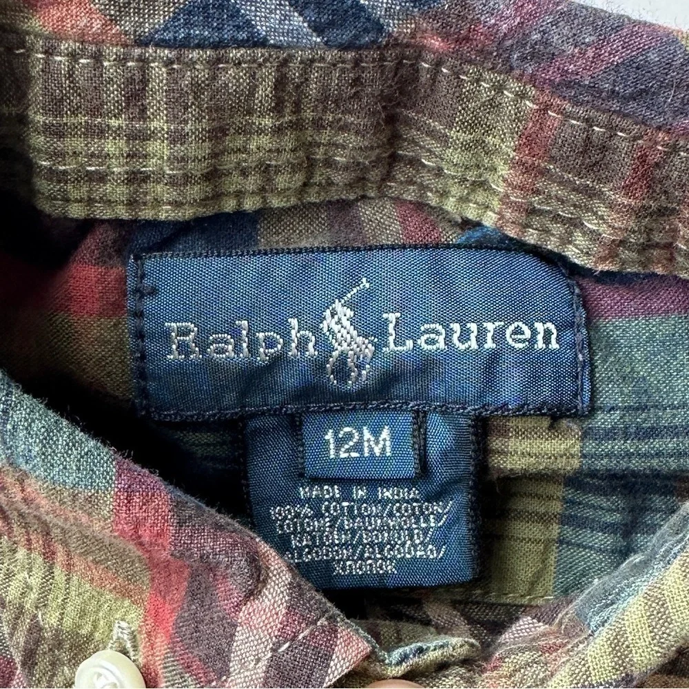 Ralph Lauren Green Blue Plaid Long Sleeve Button Up Collared Shirt Baby Boy 12M